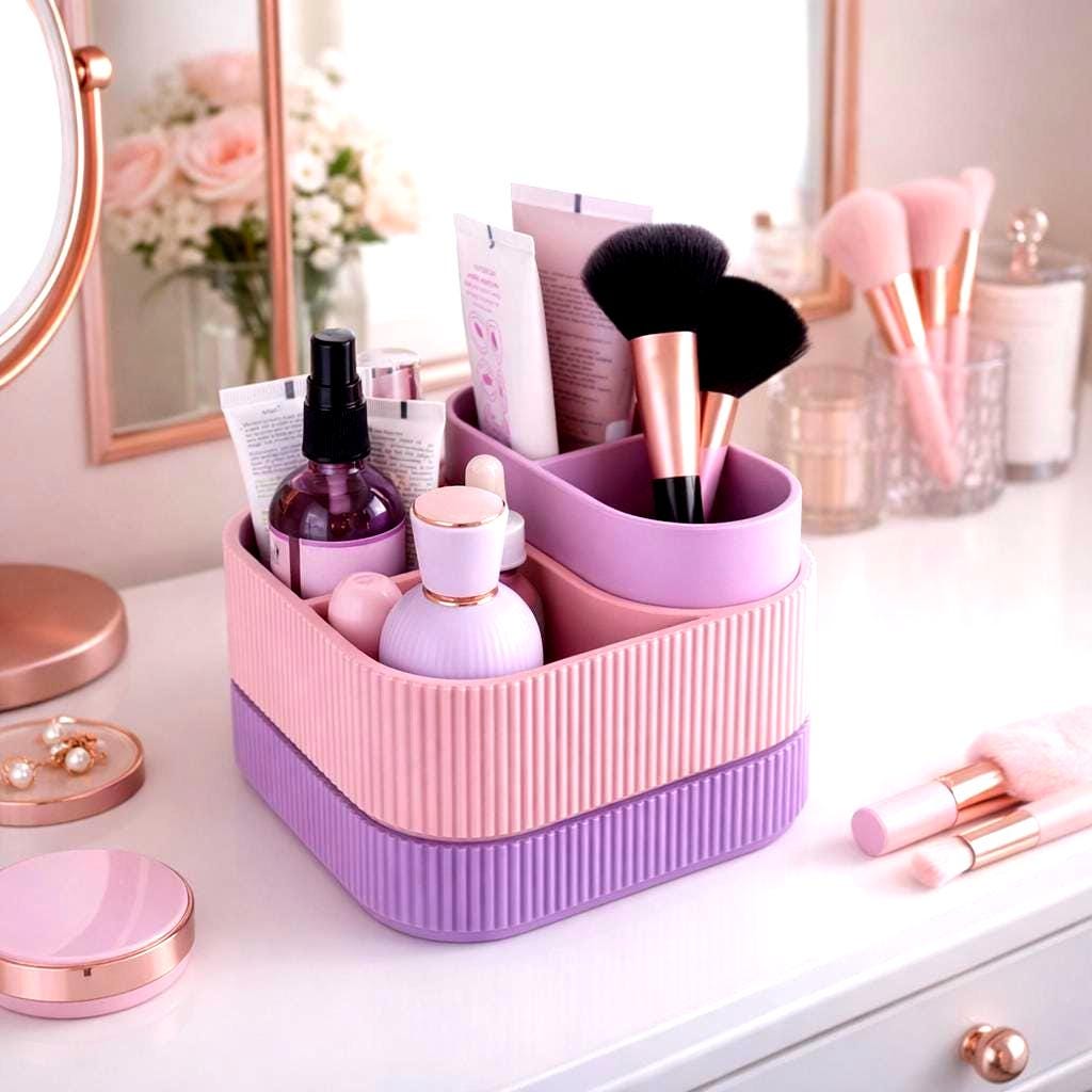 Stacked Ribbed Makeup Organizer , Modern Vanity Storage