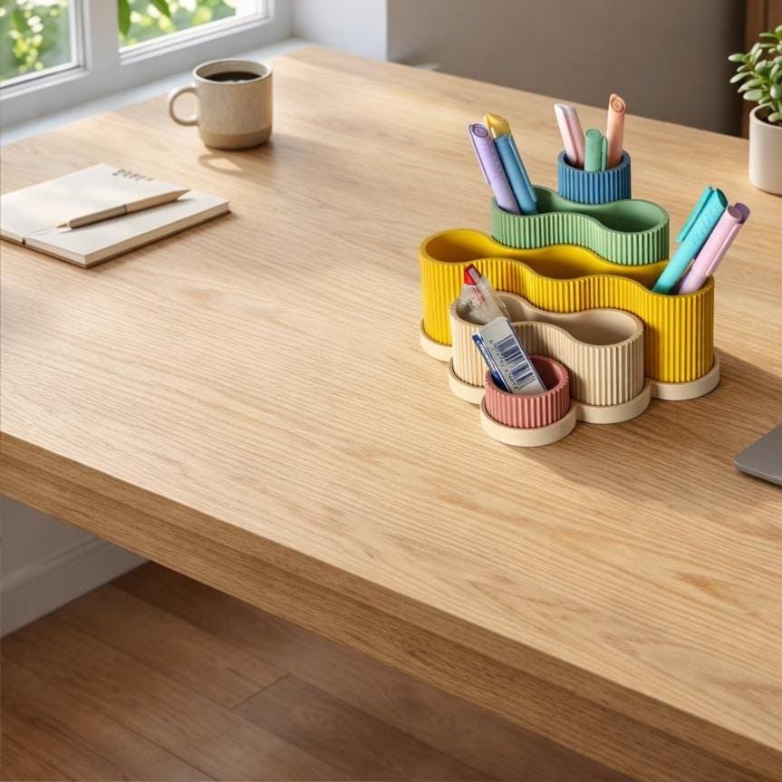 Wavy Pen Holder with Tray: Modern Desk Organizer