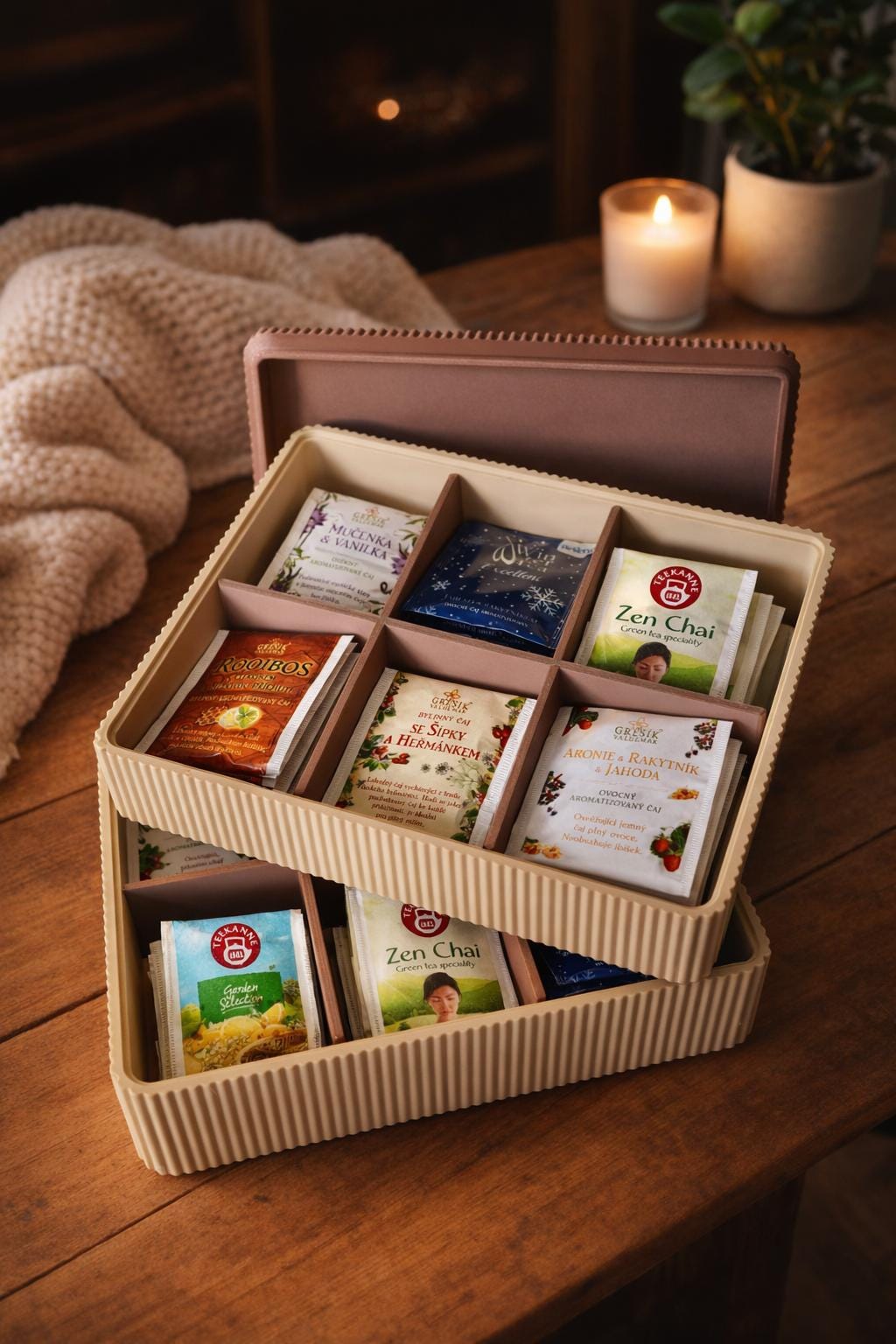 Tea Bag Organizer with compartments and Lid , Custom Modern kitchen Storage Box for Clippers and smaller sizes tea bags