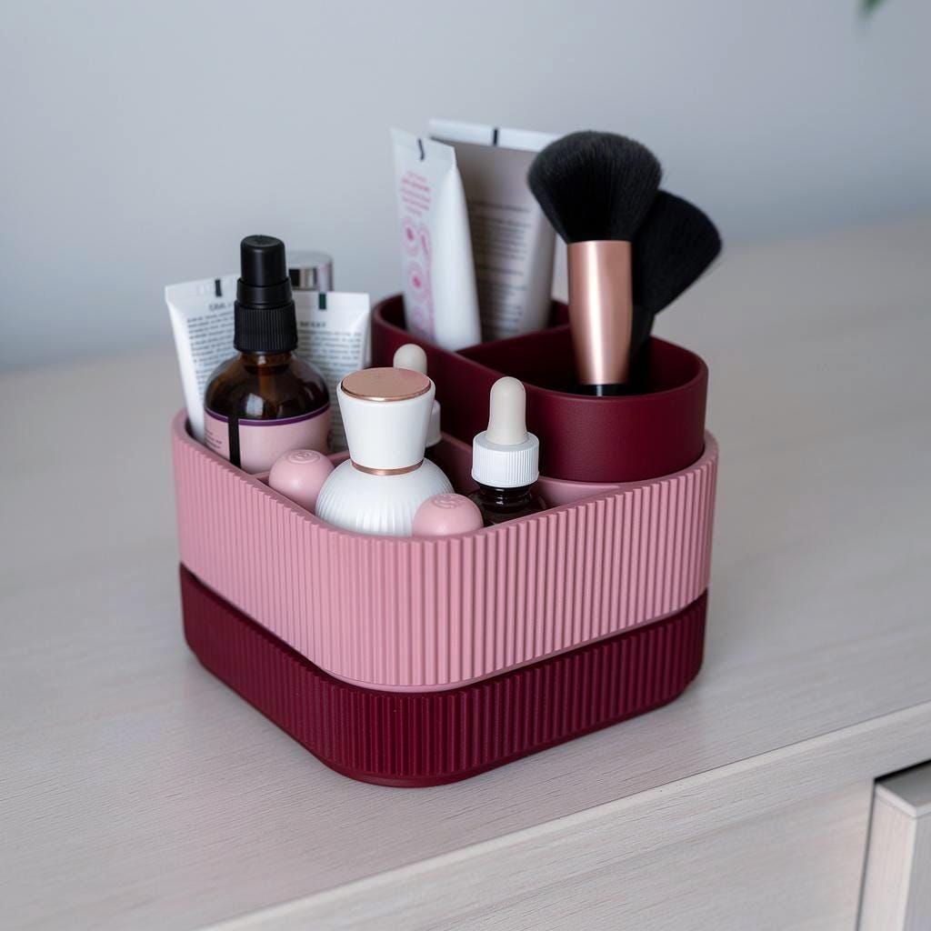 Stacked Ribbed Makeup Organizer , Modern Vanity Storage
