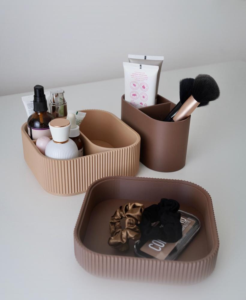 Stacked Ribbed Makeup Organizer , Modern Vanity Storage