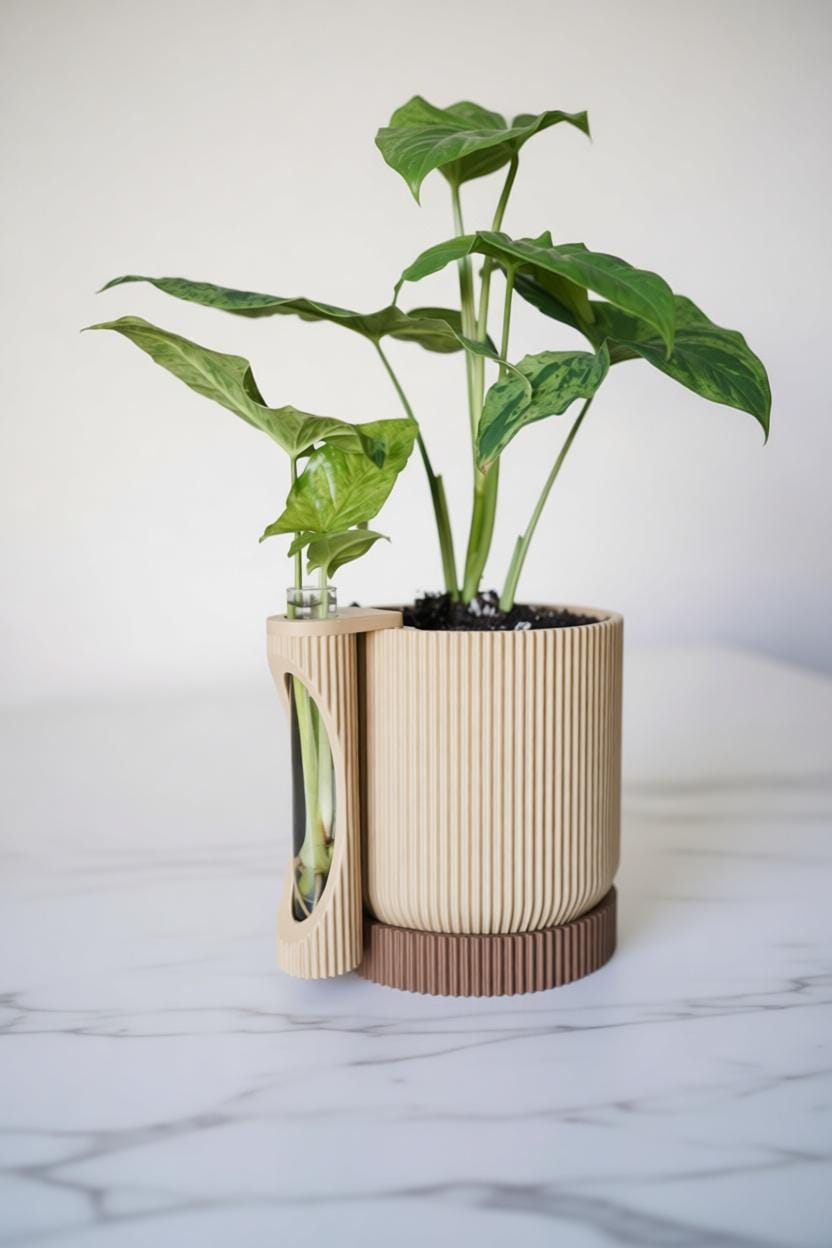Modern Planter with Propagation Tube, Minimalist Shelf Decor