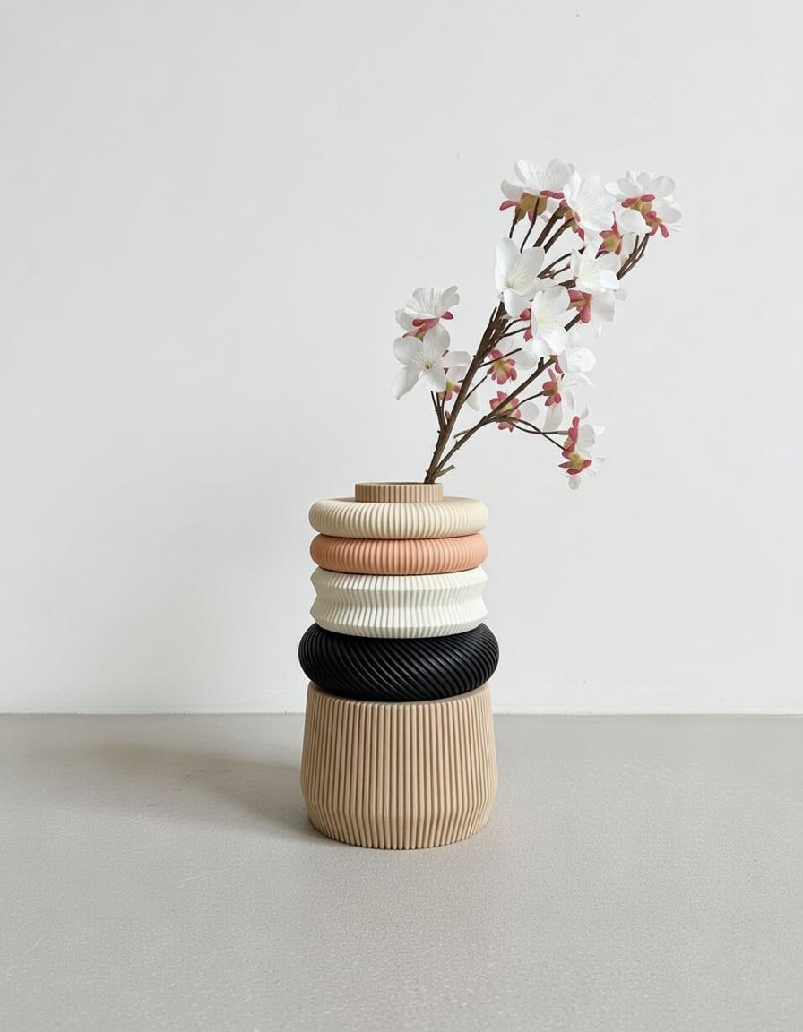 Wooden modular Ivory vase FLORA , stackable modern decorative vase for dried Flowers