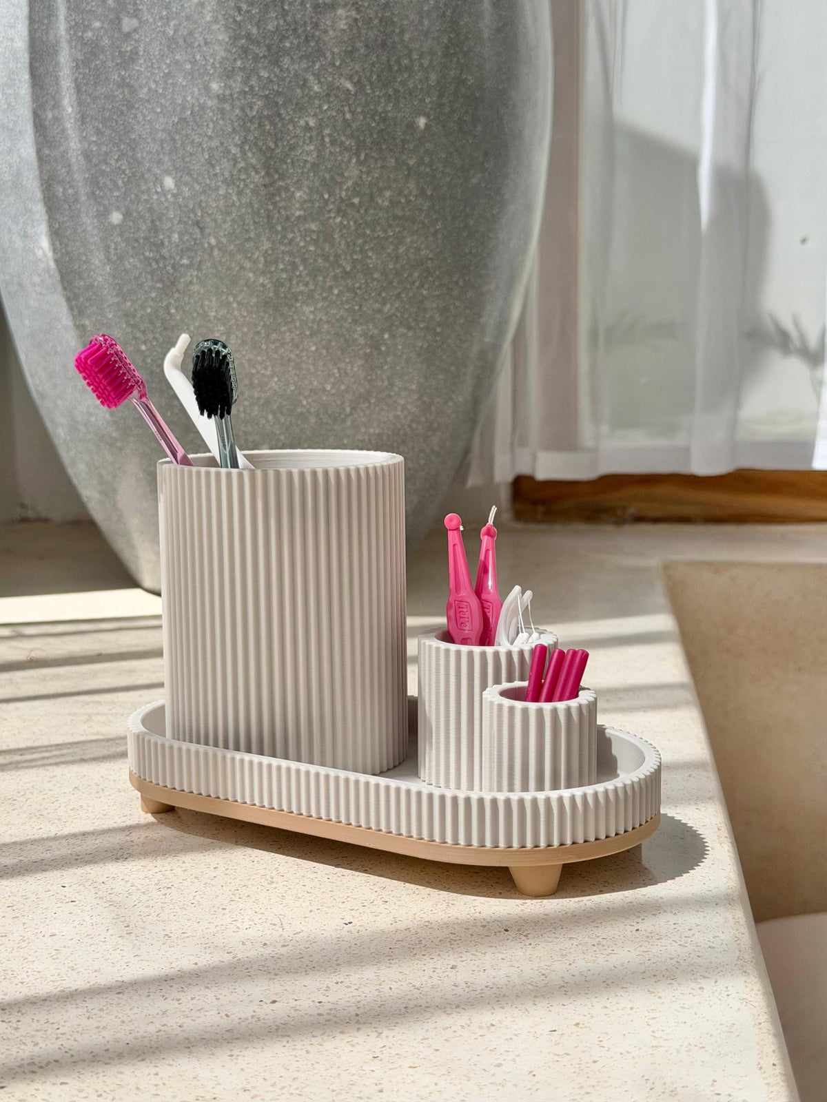 Modern Ribbed Toothbrush Holder - Customizable Bathroom Organizer with compartments