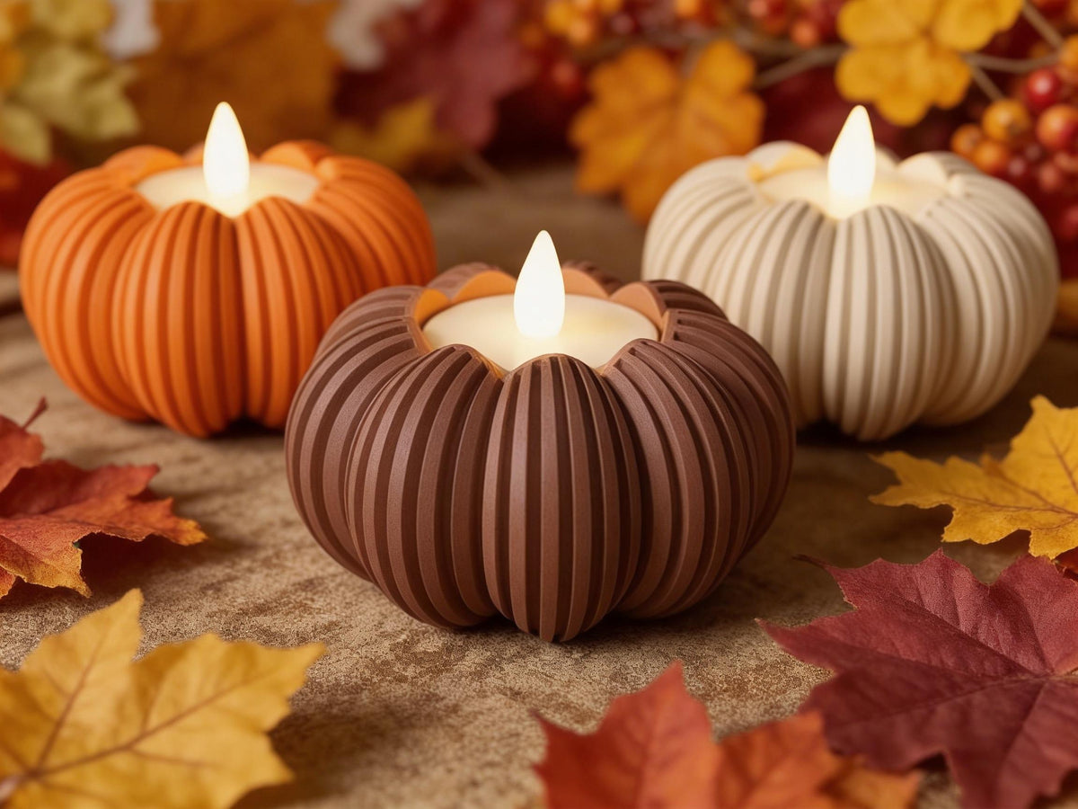 Ribbed Pumpkin Tealight Holder | Scalloped Rim Autumn Decor , Halloween decoration (LED Only)