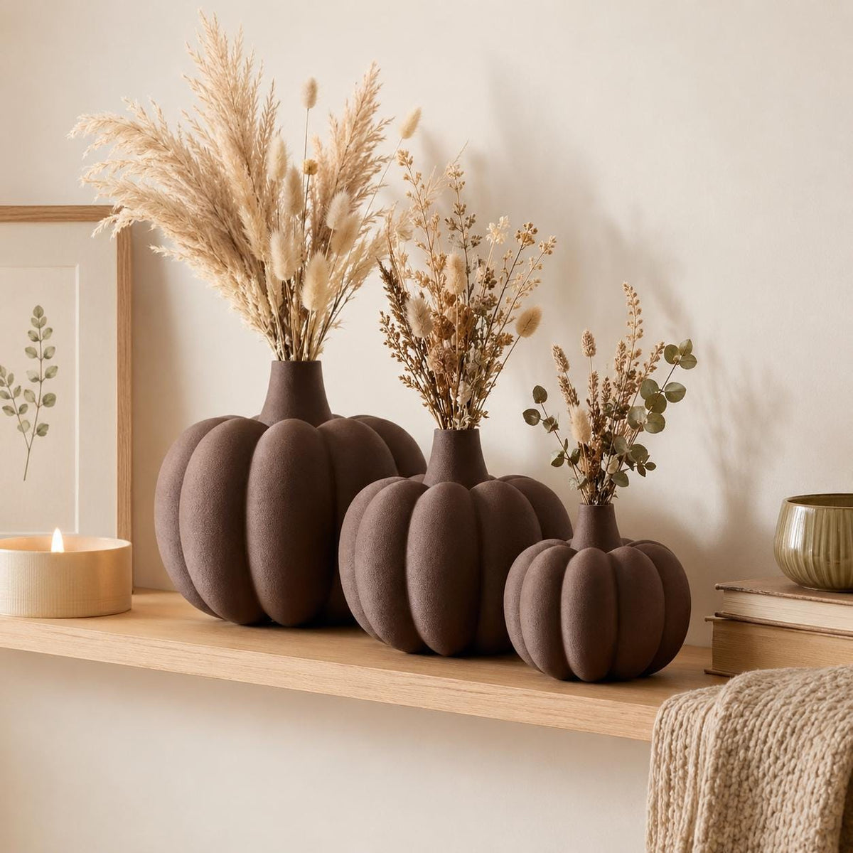 Ribbed Pumpkin Vase | Matte Fall Decor, Japandi Style, Dried Flower Arrangement