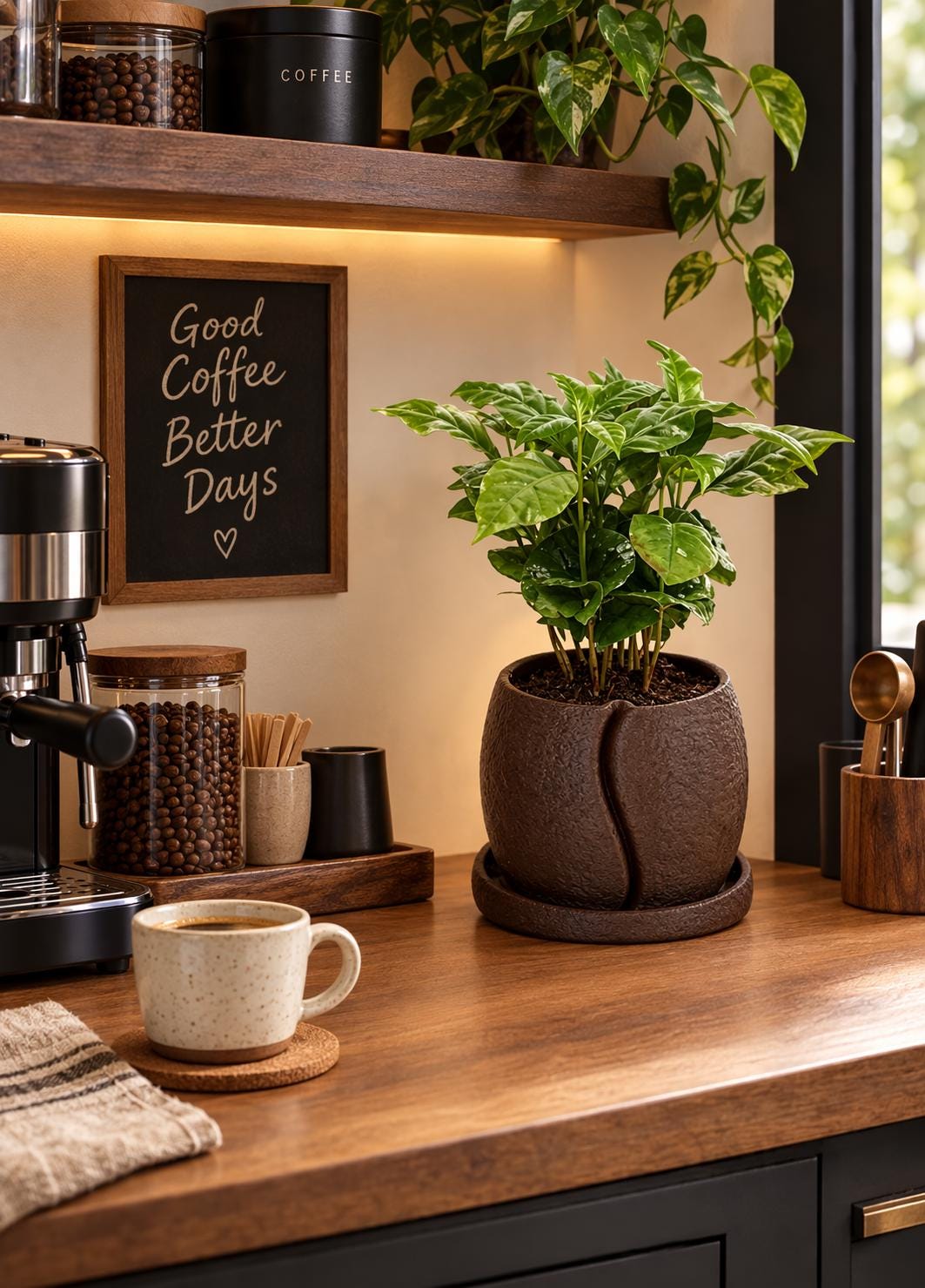 Coffee Bean Planter | Textured Indoor Pot with Saucer (13.5cm)