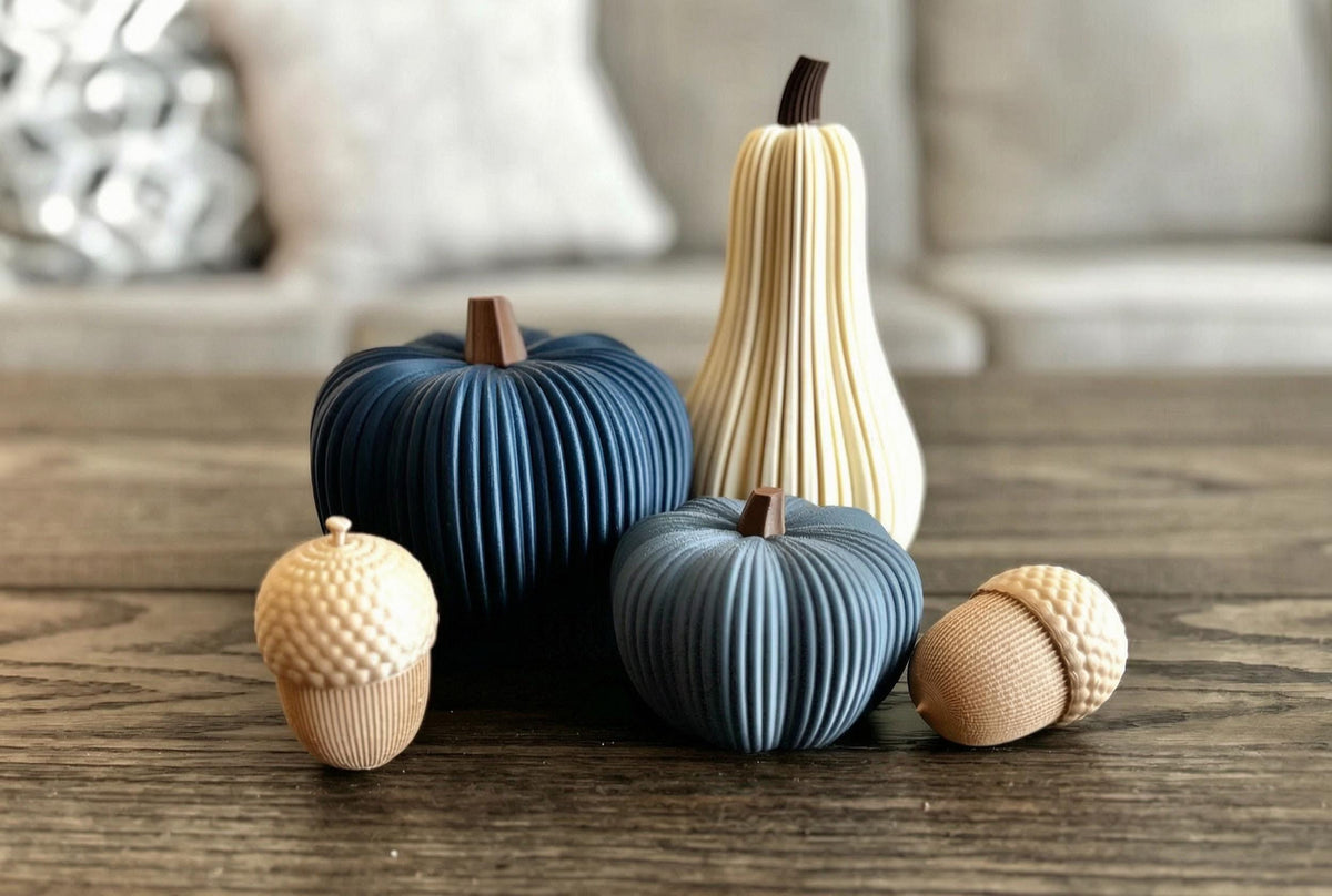 Ribbed Pumpkin and Acorn Decor , Fall Decor Set , Autumn Table Decor , Harvest Shelf Decor