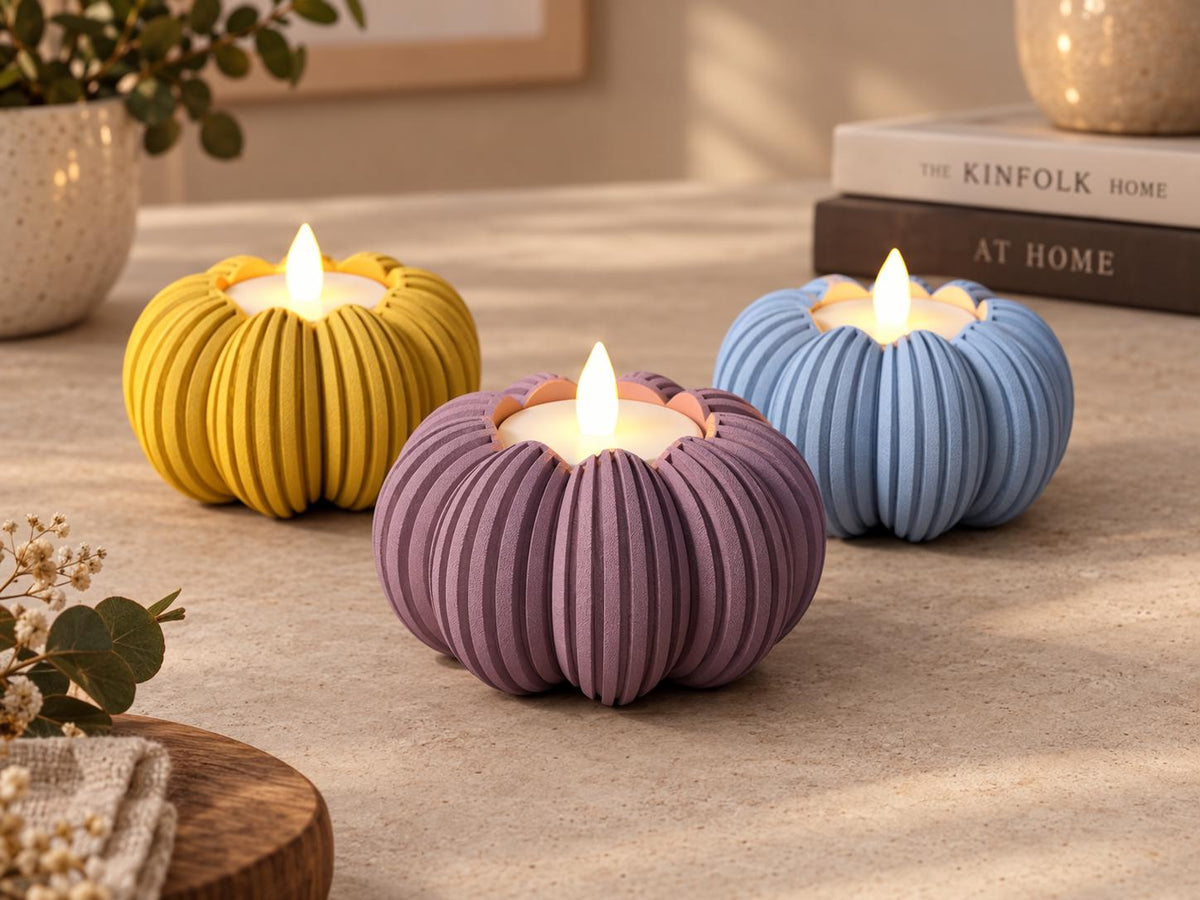 Ribbed Pumpkin Tealight Holder | Scalloped Rim Autumn Candle Decor , Halloween decoration