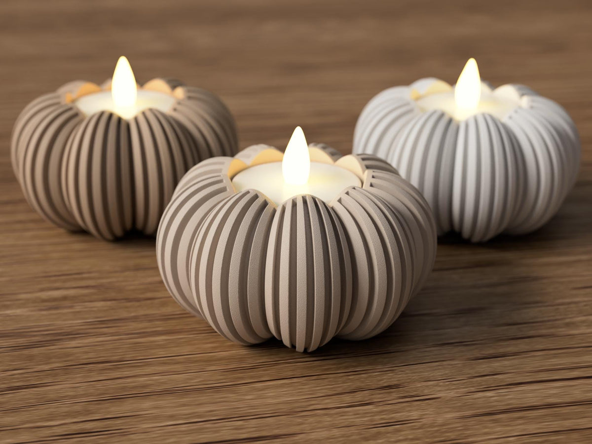 Ribbed Pumpkin Tealight Holder | Scalloped Rim Autumn Decor , Halloween decoration (LED Only)