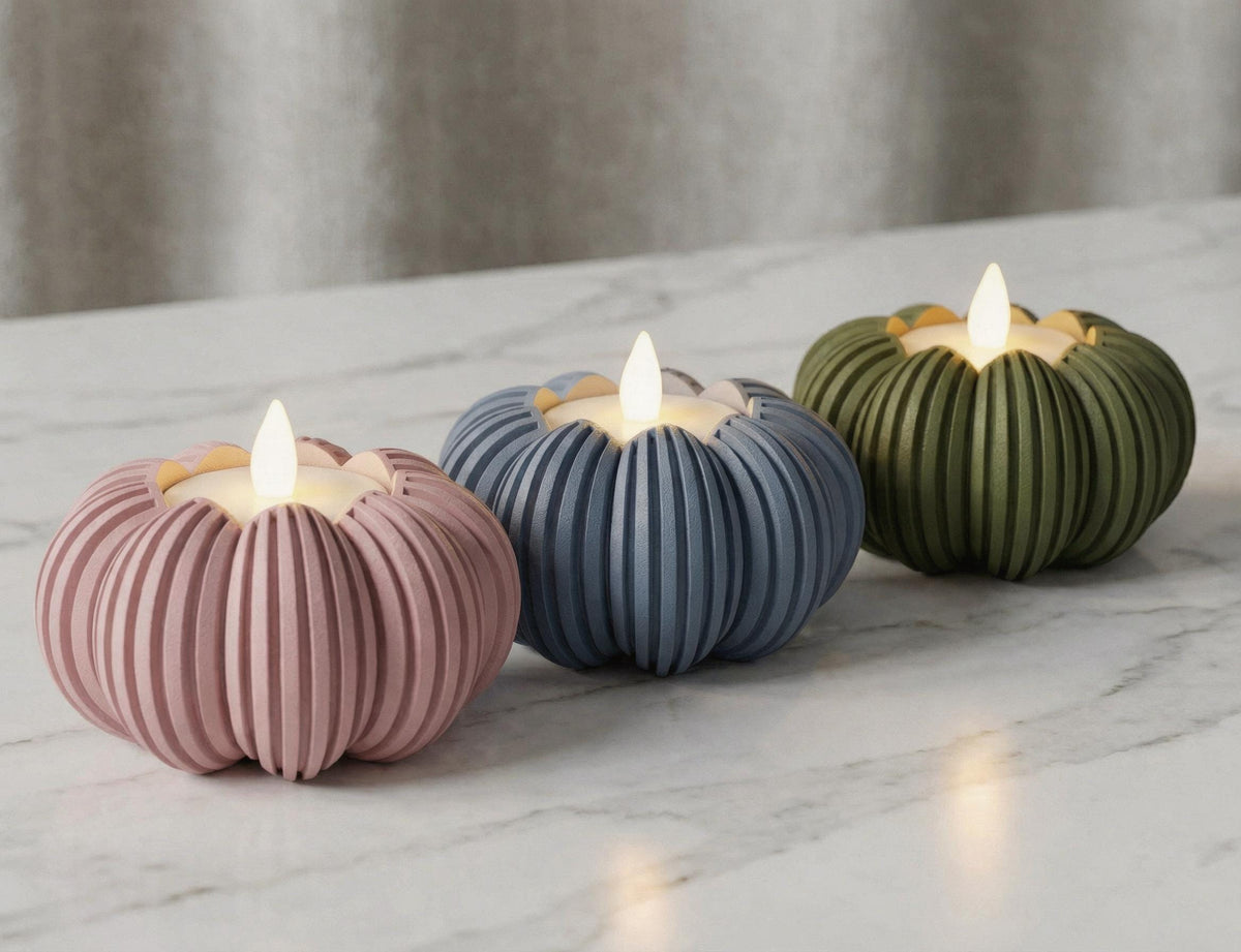 Ribbed Pumpkin Tealight Holder | Scalloped Rim Autumn Candle Decor , Halloween decoration